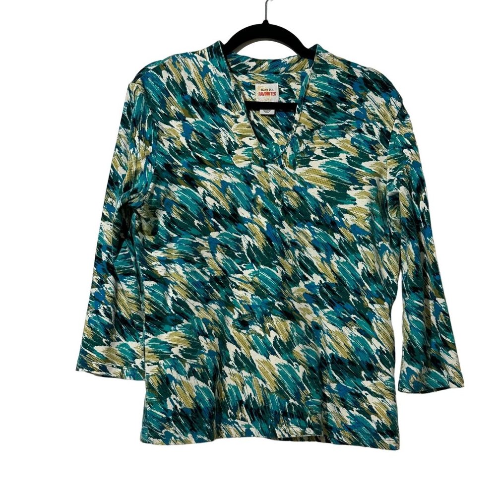 Ruby Rd. favorites  women’s size M blue green yellow print 3/4 sleeve v neck top